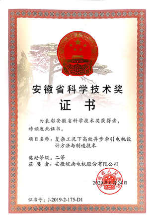 2019年安徽省科技進步二等獎:91麻豆国产福利品精電機:&ldquo;複（fù）雜工況下高效異步牽（qiān）引電機設（shè）計方法與製造技術&rdquo;